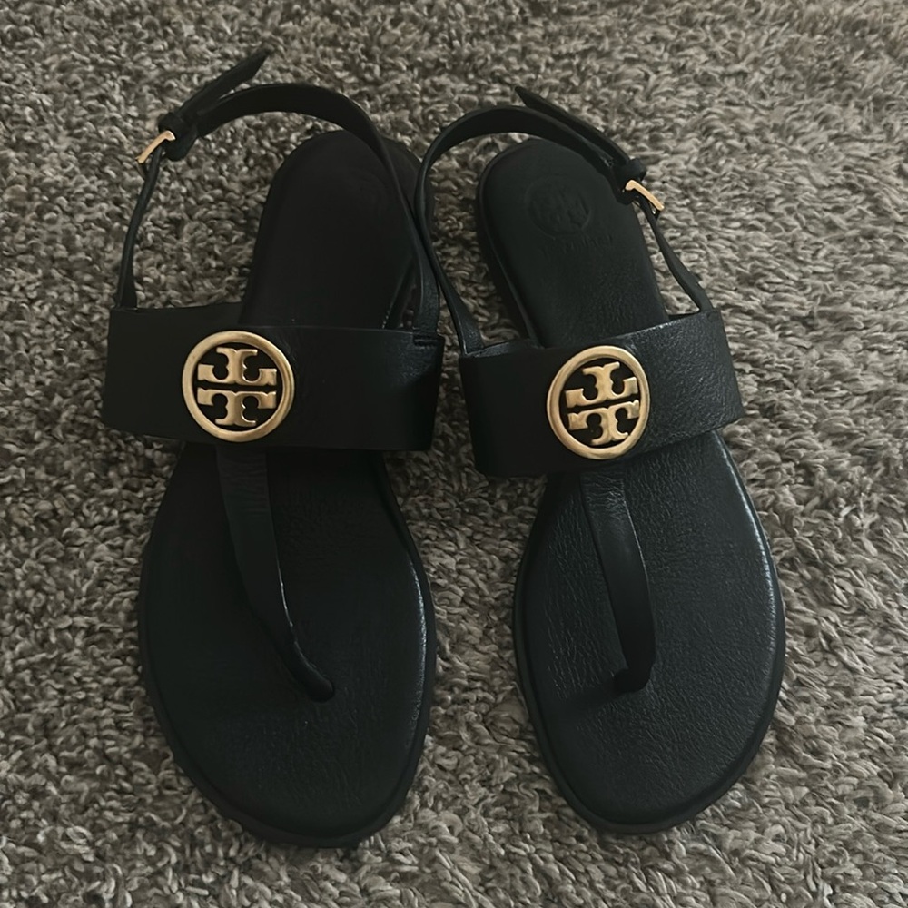 Tory Burch Black Sandals with Gold Logo size 7.5
